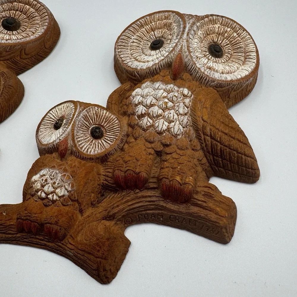Vintage 1981 Foam Craft Owl Wall Plaques Set of 2 Brown Retro Kitsch Decor